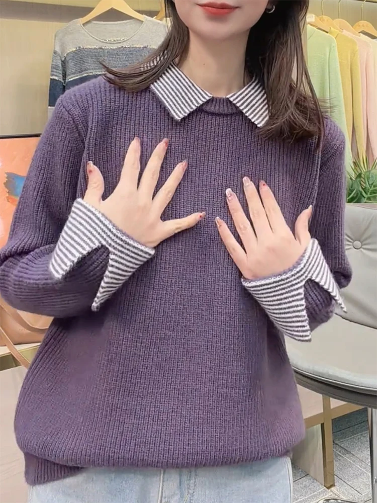 Корейский дизайн, полосатый вязаный свитер с отложным воротником, осенне-зимняя новинка, большие размеры, элегантный топ для женщин, стройнящий силуэт.
Корейский дизайн, полосатый вязаный свитер с отложным воротником, осенне-зимняя новинка, большие размеры, элегантный топ для женщин, стройнящий силуэт.