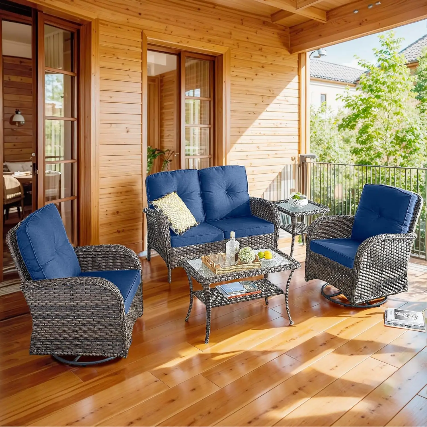 5pc PE Wicker Patio Set Swivel Glider Loveseat Glass Table Deck Backyard Brown Blue Customized
5pc PE Wicker Patio Set Swivel Glider Loveseat Glass Table Deck Backyard Brown Blue Customized
