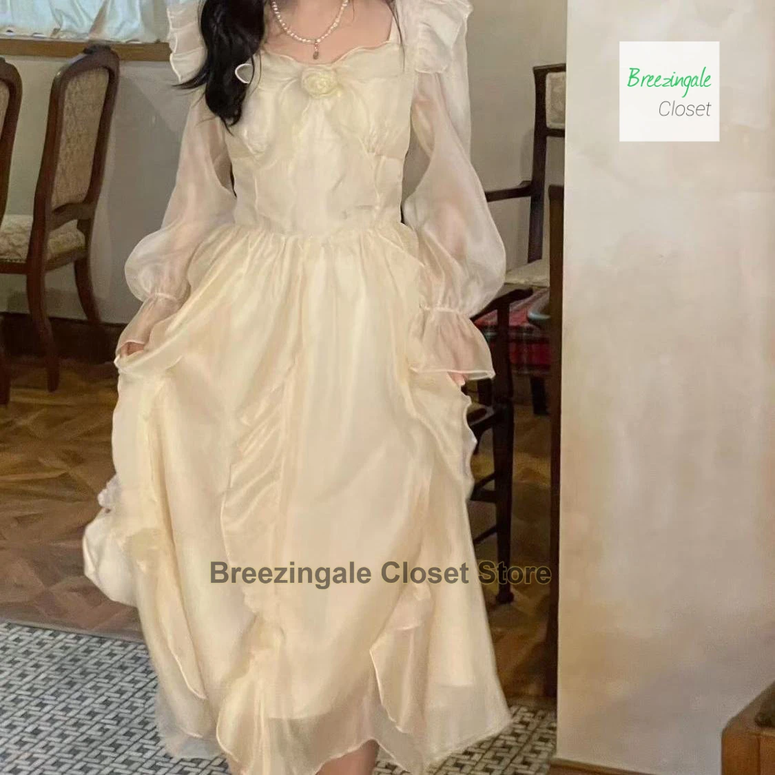 French ruffle edge long sleeved dress for women in spring and summer, rose bow, waist cinching, slimming, mid length skirt
French ruffle edge long sleeved dress for women in spring and summer, rose bow, waist cinching, slimming, mid length skirt