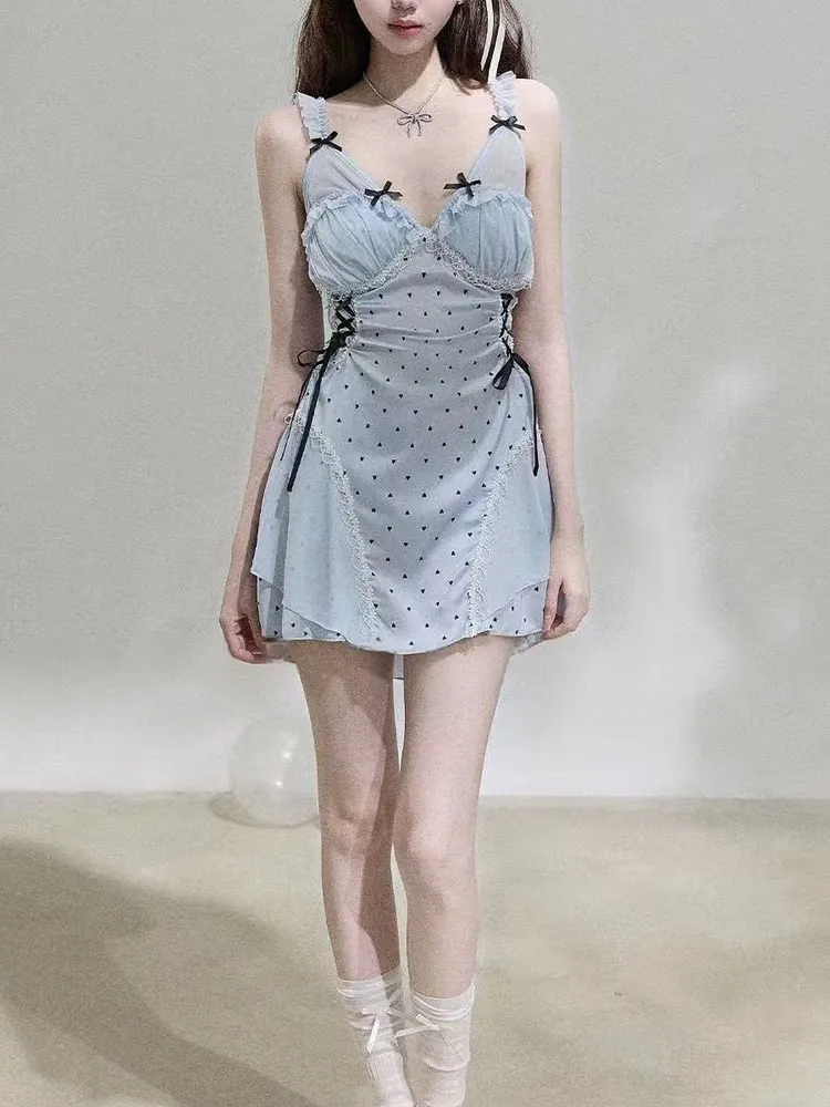 Blue Polka Dot Ballerina Girl Pure Desire Style Cake Skirt Sleep Dress Backless Lace Trim Strap Vest Top with Chest Pad
Blue Polka Dot Ballerina Girl Pure Desire Style Cake Skirt Sleep Dress Backless Lace Trim Strap Vest Top with Chest Pad
