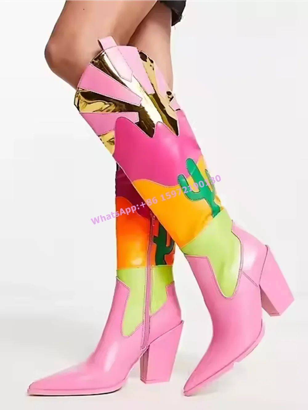 Patchwork Cactus Long Boots Runway Pink Pointy Toe Square Heel Side Zipper Mixed Color Shoes Winter Cowgirl Fashion Runway Shoes
Patchwork Cactus Long Boots Runway Pink Pointy Toe Square Heel Side Zipper Mixed Color Shoes Winter Cowgirl Fashion Runway Shoes