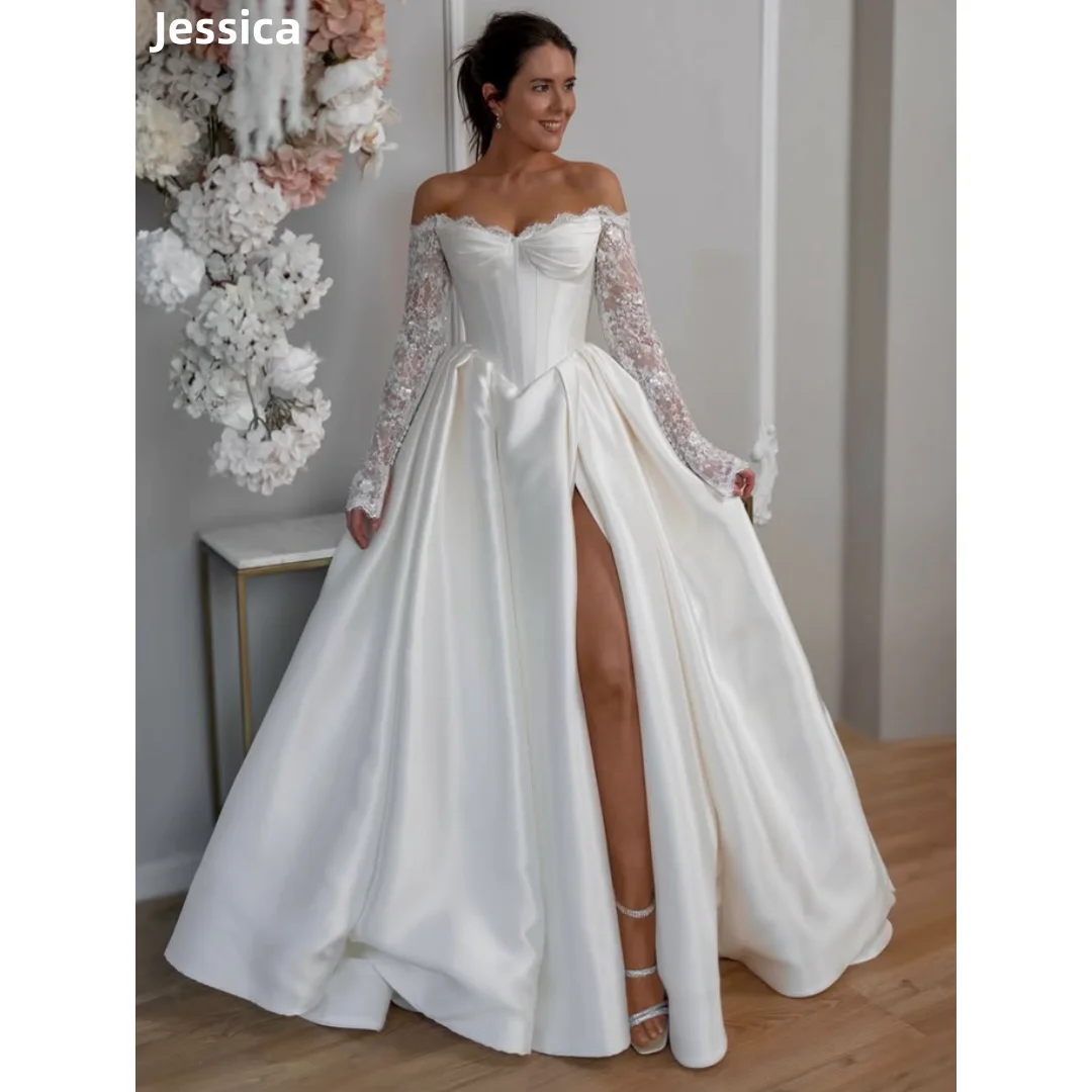 Jessica Sequined Long Sleeves Embroidery Evening Dresses White Prom Dresses Gorgeous Satin Lady Wedding Party Dress Customized
Jessica Sequined Long Sleeves Embroidery Evening Dresses White Prom Dresses Gorgeous Satin Lady Wedding Party Dress Customized