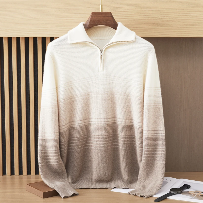 Autumn Winter Thick Sweater Knitted Half Zipper Hoodie 100% Cashmere Gradient Knitted Sweater Long Sleeve Collar Warm Men's Wear
Autumn Winter Thick Sweater Knitted Half Zipper Hoodie 100% Cashmere Gradient Knitted Sweater Long Sleeve Collar Warm Men's Wear