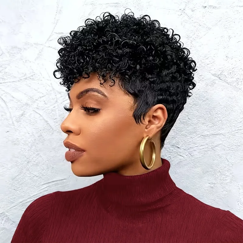 Short Pixie Cut Wig Curly Human Hair Full Machine Mades for Black Women Layered With Bangs Natural Black 4#/99J Color Daily Wear
Short Pixie Cut Wig Curly Human Hair Full Machine Mades for Black Women Layered With Bangs Natural Black 4#/99J Color Daily Wear