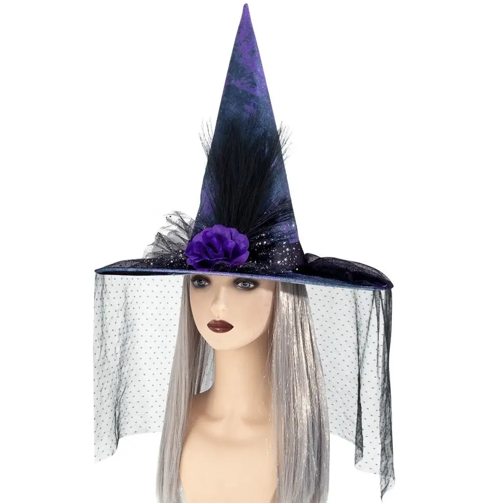 Cool Purple Mesh Veil Wizard Cap Flower Oxford Halloween Witch Hats Decoration Pendant Scarecrow Patch Witch Hat Night club
Cool Purple Mesh Veil Wizard Cap Flower Oxford Halloween Witch Hats Decoration Pendant Scarecrow Patch Witch Hat Night club