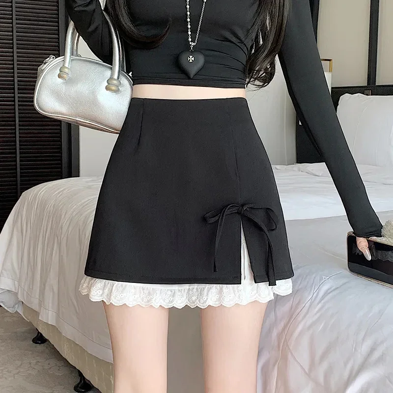 Sweet Style Bow Tie Short A-Line Skirt Women Lace Spliced Split Suit Skirt Female Stylish Office Lady Commute Hip Skirts Mujer
Sweet Style Bow Tie Short A-Line Skirt Women Lace Spliced Split Suit Skirt Female Stylish Office Lady Commute Hip Skirts Mujer