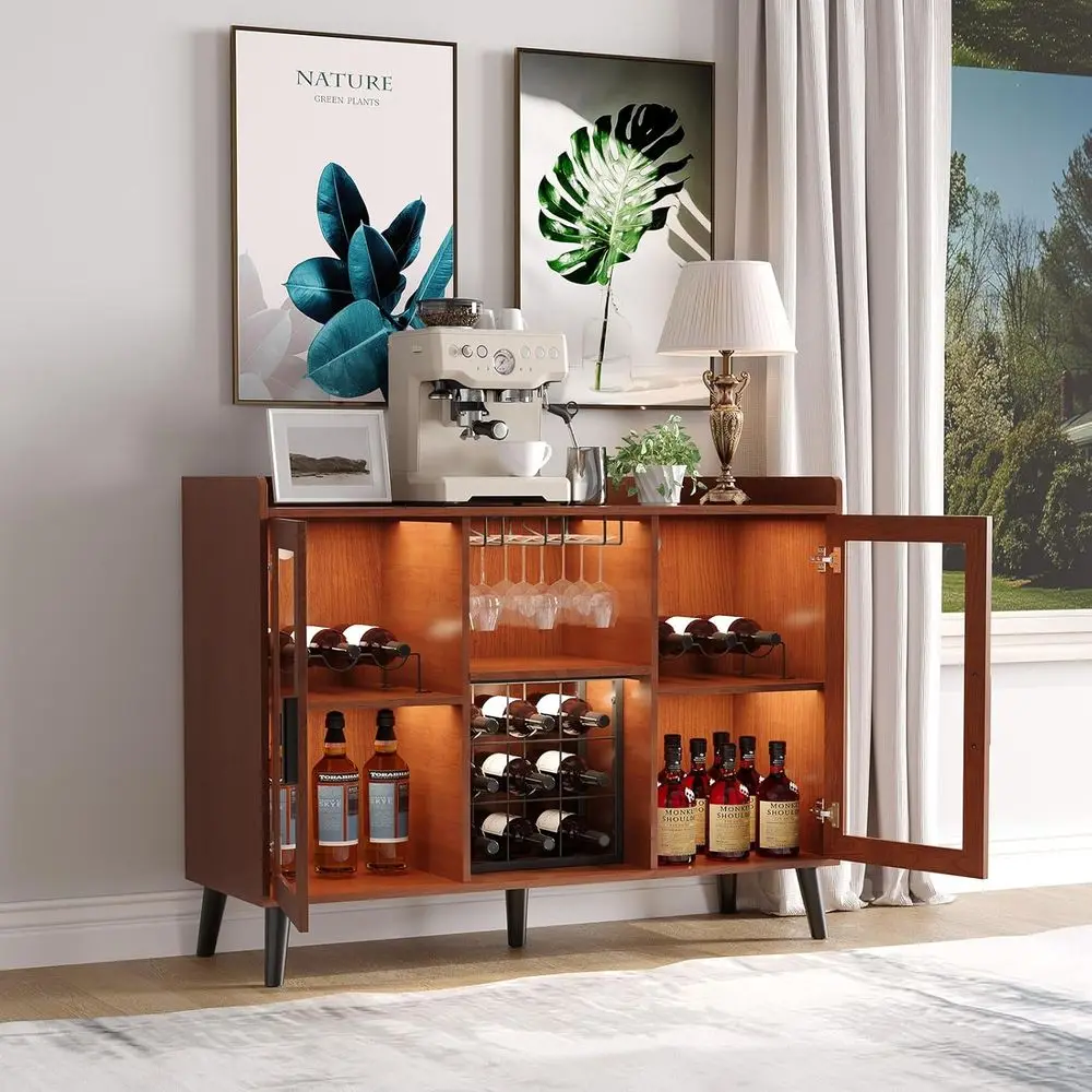 Contemporary LED-lit Wine and Coffee Bar with Wooden Kitchenette, Glass Holders, and Storage Solutions for Home Buffet Areas
Contemporary LED-lit Wine and Coffee Bar with Wooden Kitchenette, Glass Holders, and Storage Solutions for Home Buffet Areas