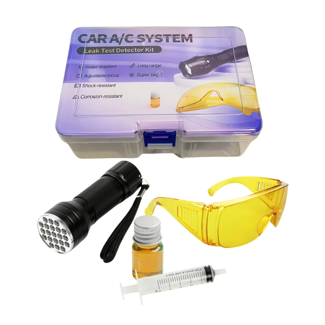 21 LED UV Flashlight Car Air Conditioning A/C System Leak Test Detector Kit Aluminum Alloy Protective Glasses UV Dye Repair Tool
21 LED UV Flashlight Car Air Conditioning A/C System Leak Test Detector Kit Aluminum Alloy Protective Glasses UV Dye Repair Tool