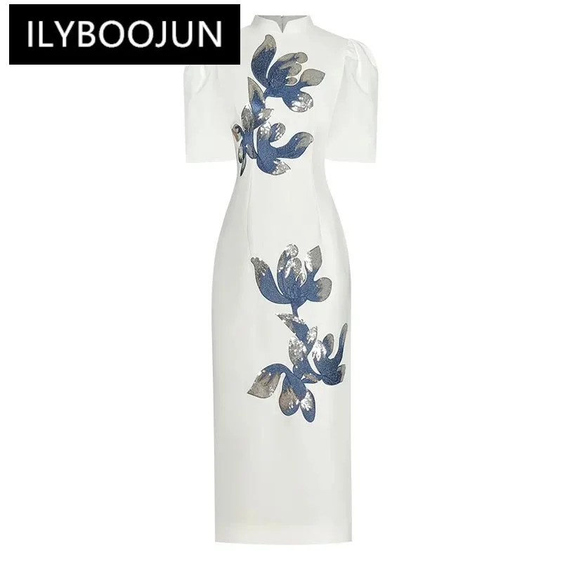 Fashion Designer Summer Women's dress Stand collar Flare Sleeves Embroidery Sequin Package hip Midi Dresses
Fashion Designer Summer Women's dress Stand collar Flare Sleeves Embroidery Sequin Package hip Midi Dresses