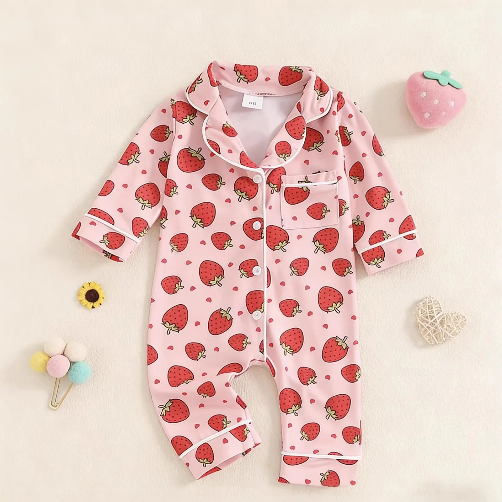 Baby Girls Strawberry Bow Printed Jumpsuit Pajamas Long Sleeve Turn-Down Collar Button Sleep Romper Loungewear Sleepwear
Baby Girls Strawberry Bow Printed Jumpsuit Pajamas Long Sleeve Turn-Down Collar Button Sleep Romper Loungewear Sleepwear