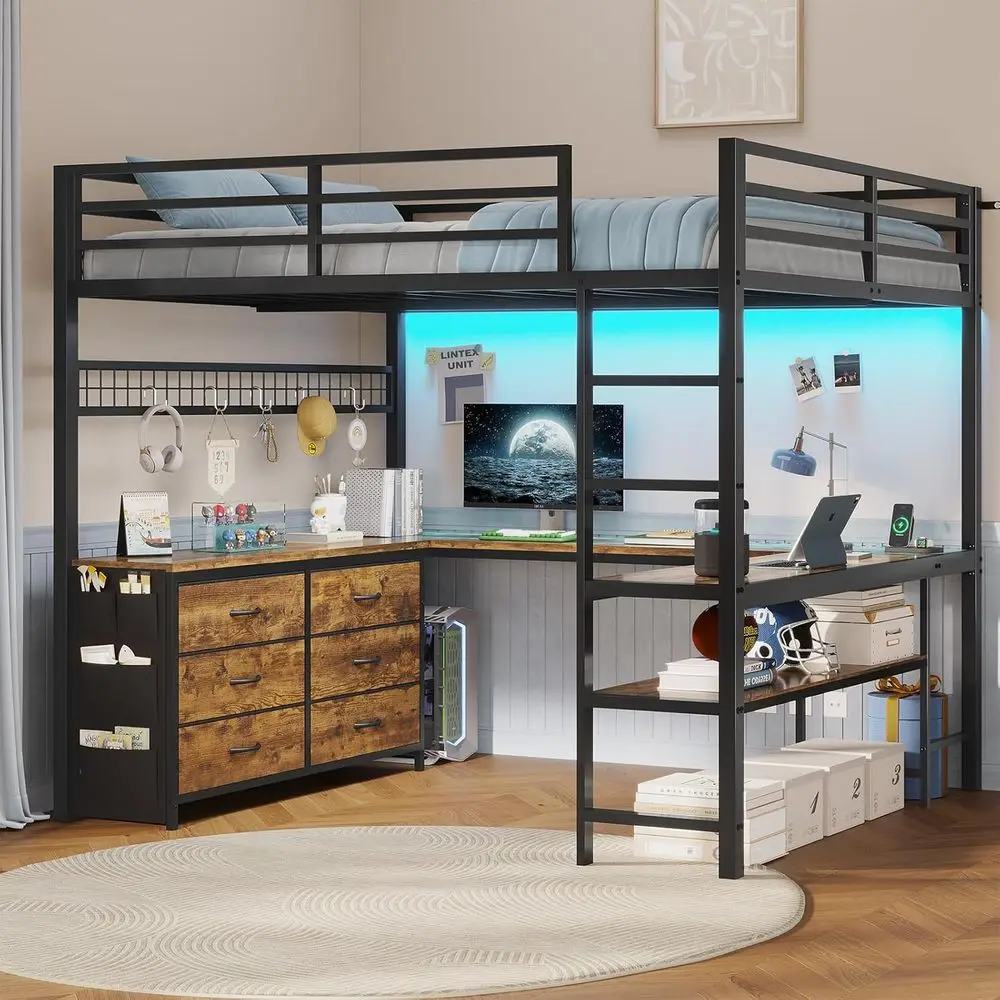 U-Shaped Desk Loft Bed with 6 Drawers, Power Outlet, LED, Storage Shelves, Safety Rail & Ladder, No Box Spring, Rustic Brown
U-Shaped Desk Loft Bed with 6 Drawers, Power Outlet, LED, Storage Shelves, Safety Rail & Ladder, No Box Spring, Rustic Brown