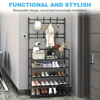 1 5-layer Carbon Steel Independent Shoe Rack with Multi-purpose Clothes Hanger and 5-layer Shoe Rack To Save Space