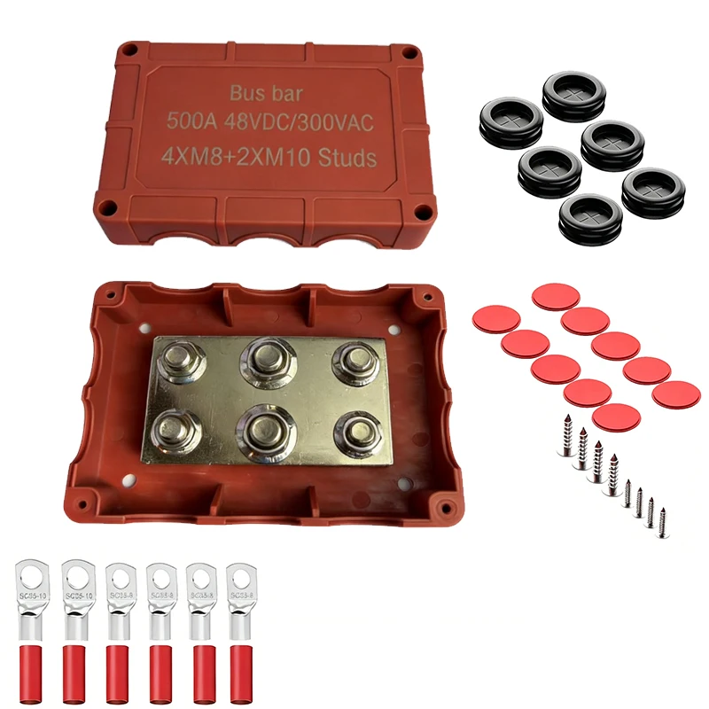 500A Bus Bar Waterproof Power Distribution Block with 4*M8+2*M10 Studs 48V DC Automotive Marine Battery
500A Bus Bar Waterproof Power Distribution Block with 4*M8+2*M10 Studs 48V DC Automotive Marine Battery