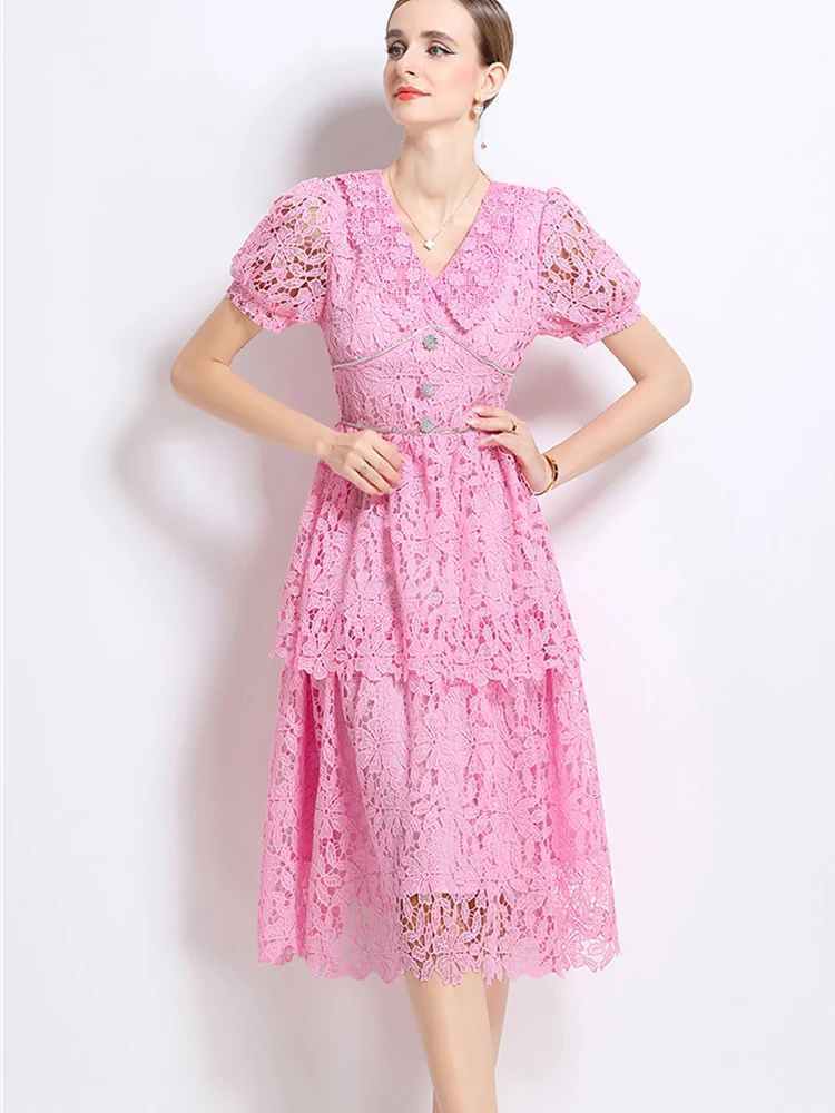 Elegant Lace Doll Neck Short Sleeved Slim Fit Dress 2025 New Fashion Summer Women'S Clothing
Elegant Lace Doll Neck Short Sleeved Slim Fit Dress 2025 New Fashion Summer Women'S Clothing