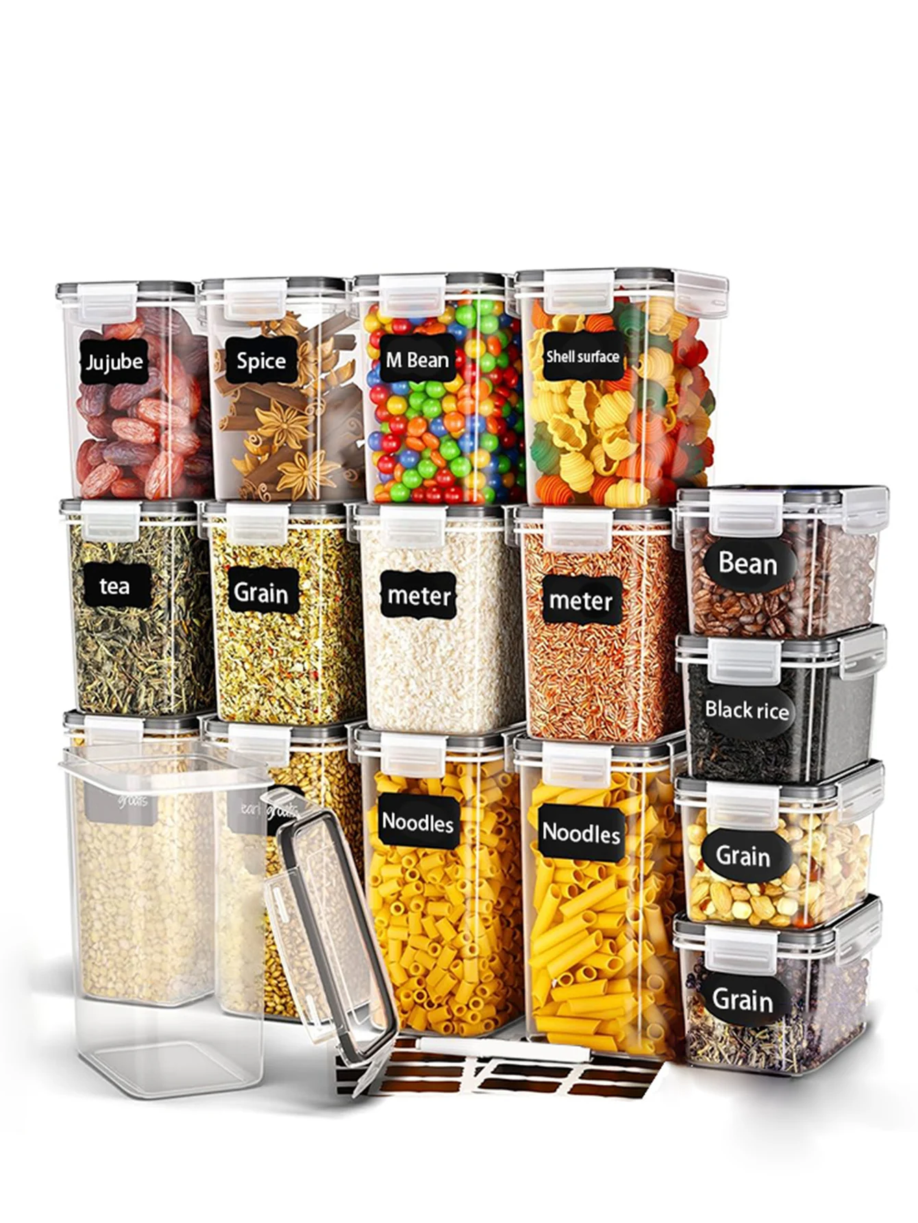 20pcs,Air-tight food storage containers with labels flour, sugar, salt, pepper, grains, tea, nuts and coffee beans
20pcs,Air-tight food storage containers with labels flour, sugar, salt, pepper, grains, tea, nuts and coffee beans