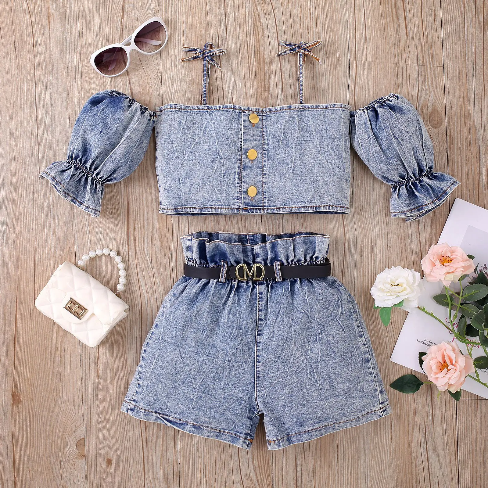 Shiny Toddler Little Girls 2-7 Years Summer Cool Two Pieces Solid Blouse Denim Dress with Belt Clothing Set
Shiny Toddler Little Girls 2-7 Years Summer Cool Two Pieces Solid Blouse Denim Dress with Belt Clothing Set