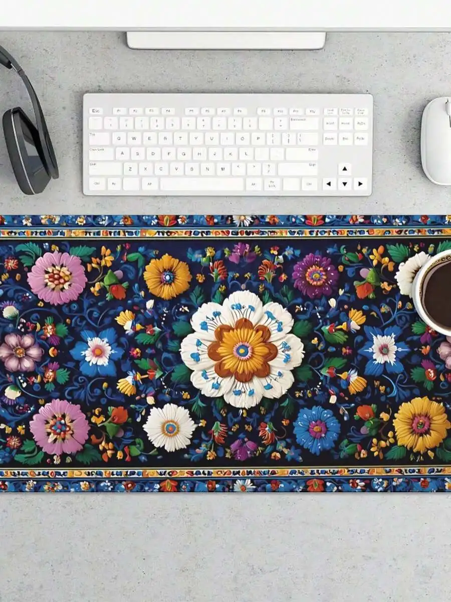 Large Floral Desk Mat With Non-Slip Base, Anti-Fray Edges, For Gamers And PC Users