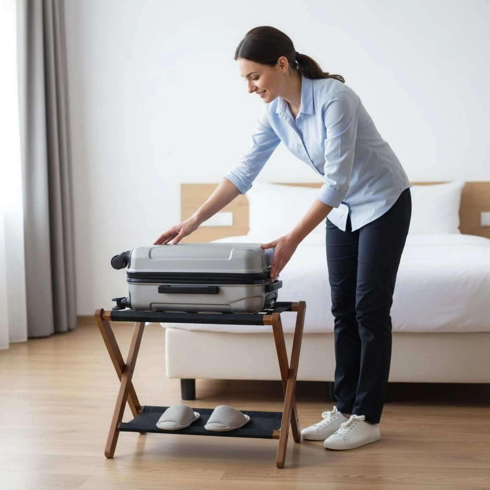 Wooden Luggage Rack Space Saving Folding Luggage Rack Foldable Suitcase Holder Two-Tier Design Hotel Furniture No Assembly
Wooden Luggage Rack Space Saving Folding Luggage Rack Foldable Suitcase Holder Two-Tier Design Hotel Furniture No Assembly