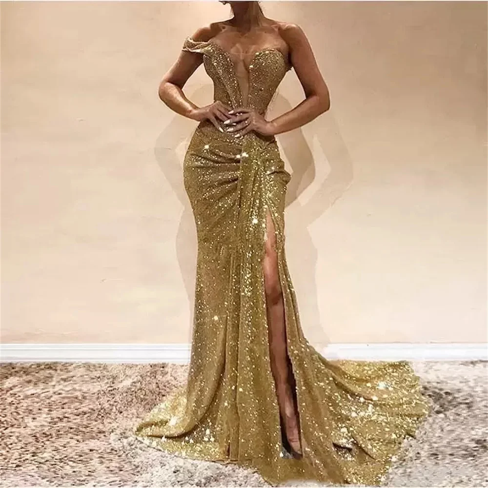 Sexy Gold Sequins One Shoulder Evening Dresses Long Luxury Formal Occasion Dresses Party Wear Mermaid Pleats Slit Custom Made
Sexy Gold Sequins One Shoulder Evening Dresses Long Luxury Formal Occasion Dresses Party Wear Mermaid Pleats Slit Custom Made