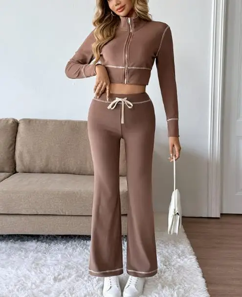 Осенний спортивный костюм контрастного цвета с застежкой-молнией и открытым пупком, комплект брюк с микроподтяжками на шнуровке с высокой талией
Осенний спортивный костюм контрастного цвета с застежкой-молнией и открытым пупком, комплект брюк с микроподтяжками на шнуровке с высокой талией