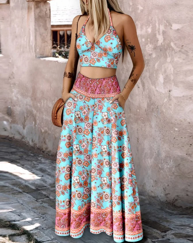 Women's Two-Piece Set Fashion 2 Pieces Outfit Floral Print Halter V Neck Crop Tank and Casual Shirred Maxi Skirt with Pockets
Women's Two-Piece Set Fashion 2 Pieces Outfit Floral Print Halter V Neck Crop Tank and Casual Shirred Maxi Skirt with Pockets