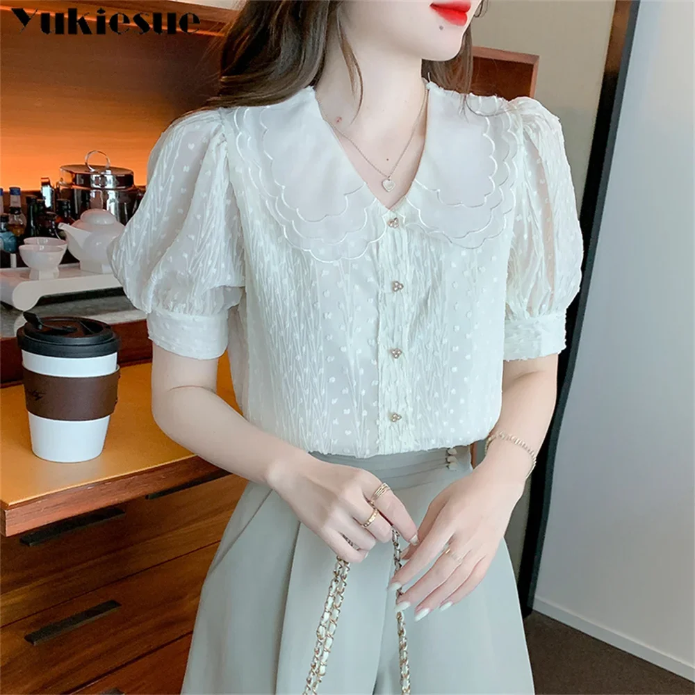 Fashion Women's Shirt 2022 Summer Short-Sleeved Chiffon Shirts Female Doll Collar Top Korean Loose Casual Blouse Blusas Mujer
Fashion Women's Shirt 2022 Summer Short-Sleeved Chiffon Shirts Female Doll Collar Top Korean Loose Casual Blouse Blusas Mujer