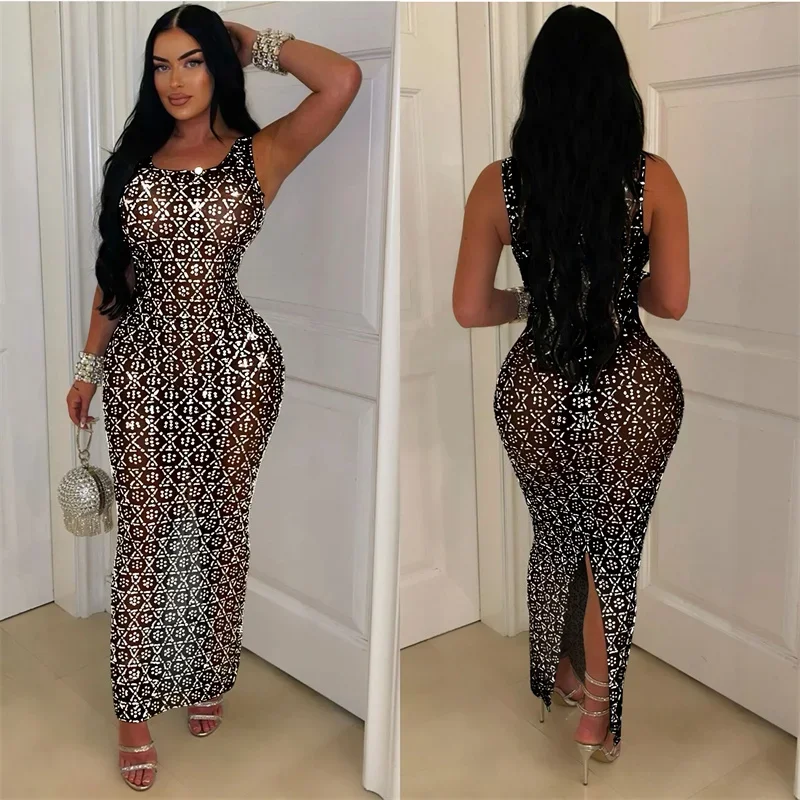 Sparkly Rhinestones Diamonds Evening Birthday Dress Women Luxury Night Party Tank Sleeveless Mesh See Through Prom Long Dresses
Sparkly Rhinestones Diamonds Evening Birthday Dress Women Luxury Night Party Tank Sleeveless Mesh See Through Prom Long Dresses