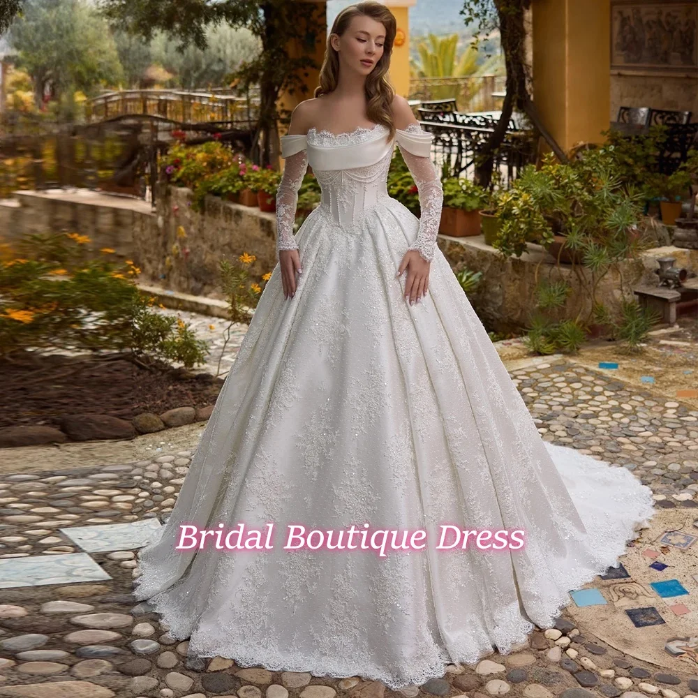 Customized A Line Wedding Dress For Women Off Shoulder Long Sleeves Bridal Gowns Pearls Beaded Lace Dress
Customized A Line Wedding Dress For Women Off Shoulder Long Sleeves Bridal Gowns Pearls Beaded Lace Dress