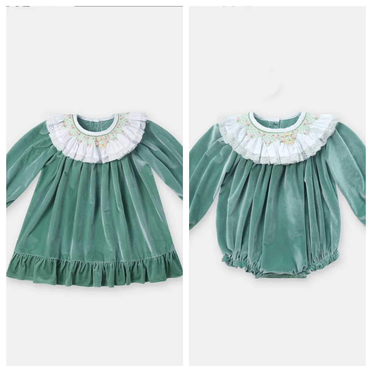 Autumn Winter Green Velvet Baby Girl Dress Floral Hand Smocked Embroidery Long Sleeve Princess Dress for Christmas Party A341
Autumn Winter Green Velvet Baby Girl Dress Floral Hand Smocked Embroidery Long Sleeve Princess Dress for Christmas Party A341