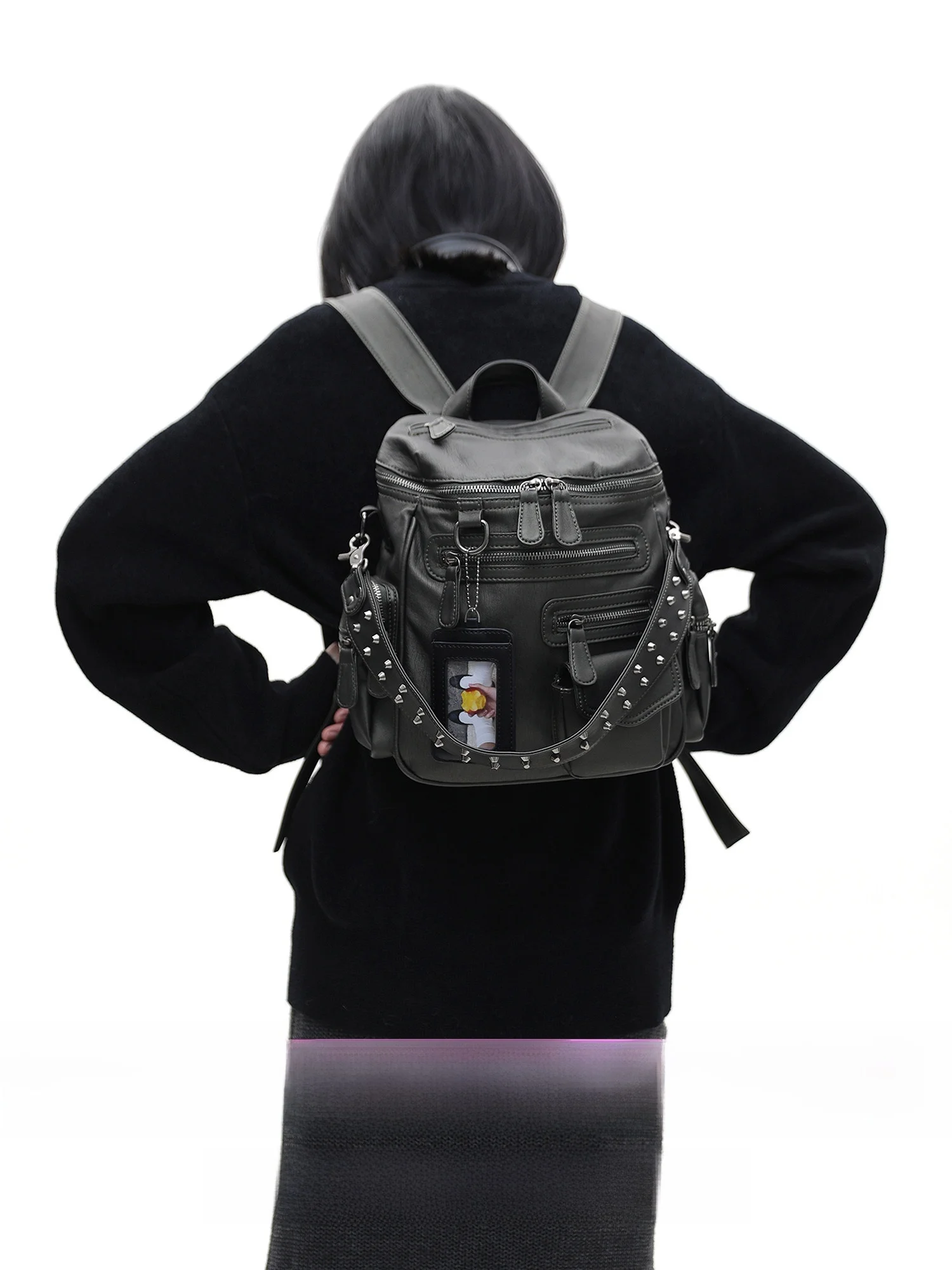 Small Size Rivet Motorcycle Bag Multi-Pocket Double-Shoulder Single-Shoulder Bag Rusty Green Vintage Y2K Unisex Backpack