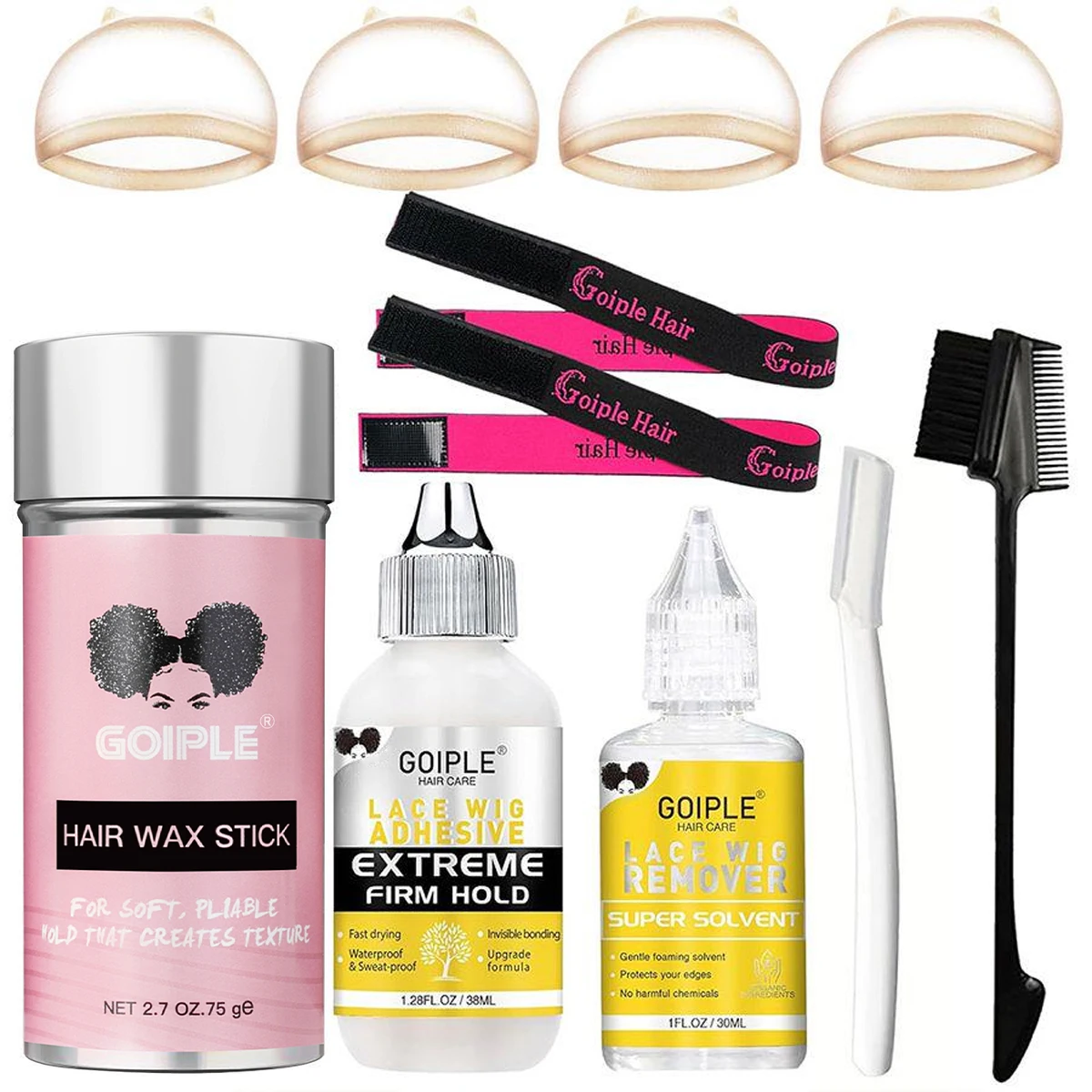 GOIPLE Lace Wig Glue Kit Lace Front Glue Kit for Wigs, Human Hair Systems Extreme Hold Lace Glue with Invisible Bonding Smoothing Hair Wax Stick for Slick Back
GOIPLE Lace Wig Glue Kit Lace Front Glue Kit for Wigs, Human Hair Systems Extreme Hold Lace Glue with Invisible Bonding Smoothing Hair Wax Stick for Slick Back