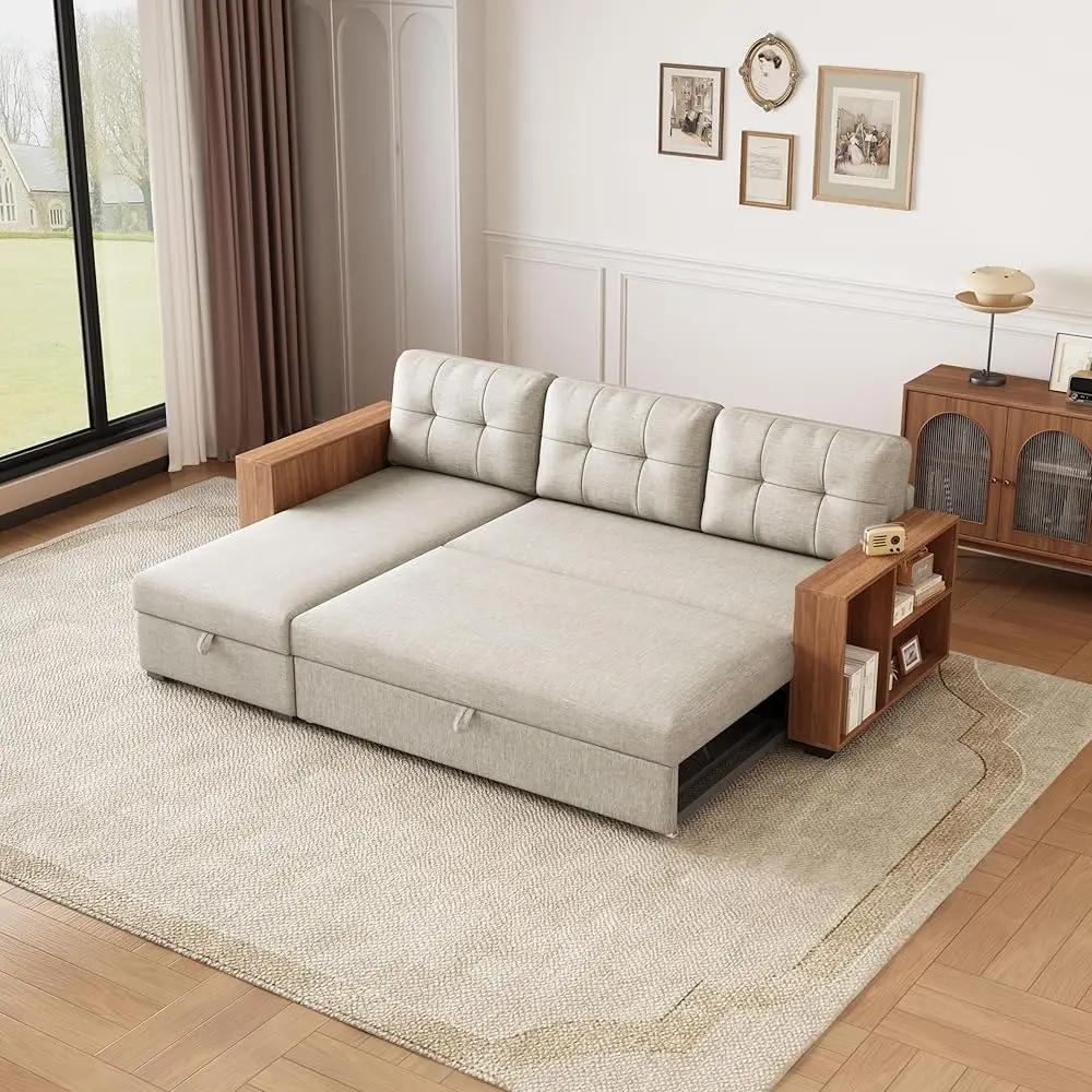 84"" Convertible L Shaped Sofa With Pull Out Bed And Storage Chaise, Sectional Corner Couch W/Wood Cabinet Armrests For Living
84"" Convertible L Shaped Sofa With Pull Out Bed And Storage Chaise, Sectional Corner Couch W/Wood Cabinet Armrests For Living