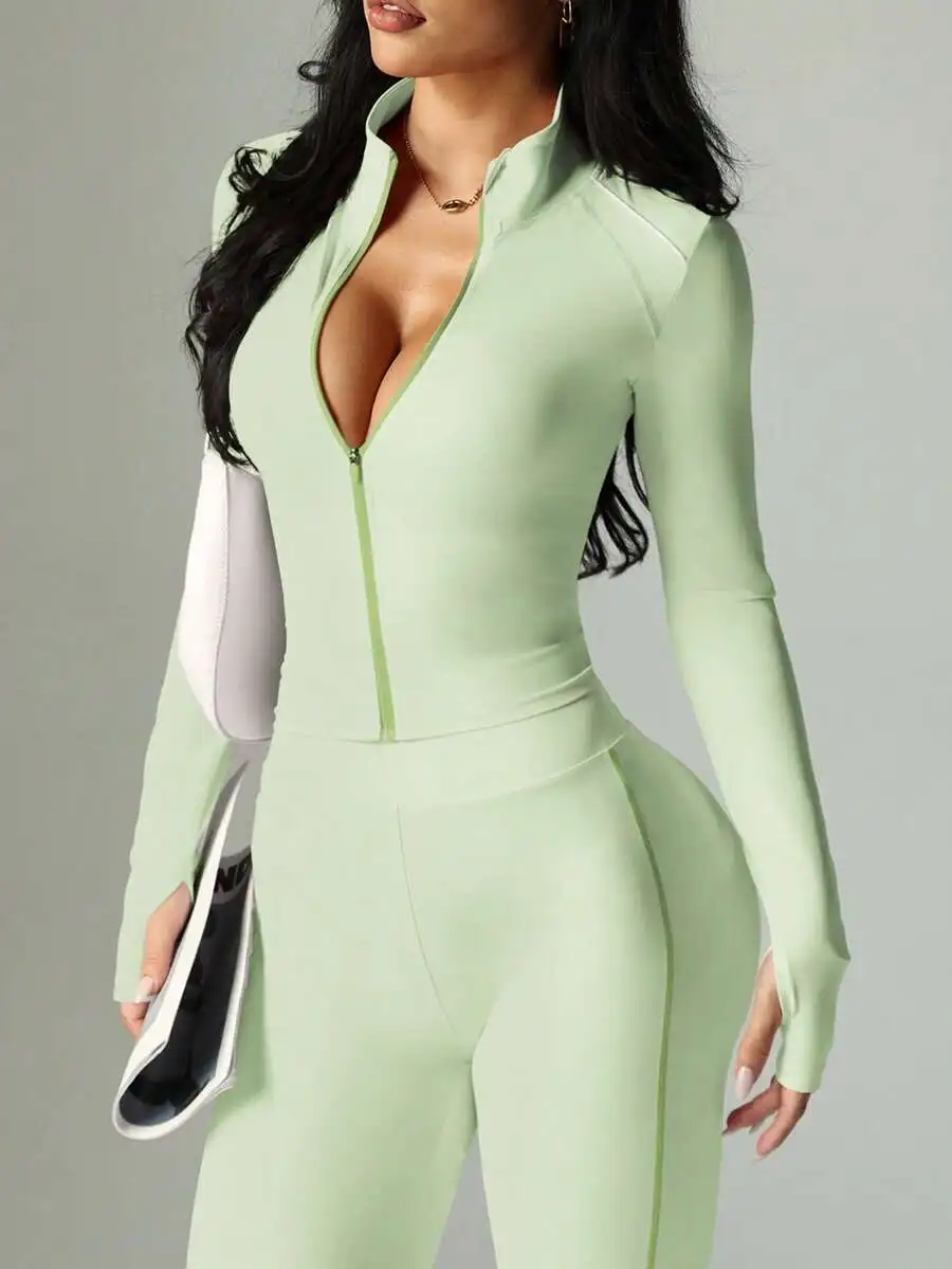 Womens 2-Piece Sports Suit Full-Zip Long Sleeve Jacket High-Waist Flared Leggings
Womens 2-Piece Sports Suit Full-Zip Long Sleeve Jacket High-Waist Flared Leggings