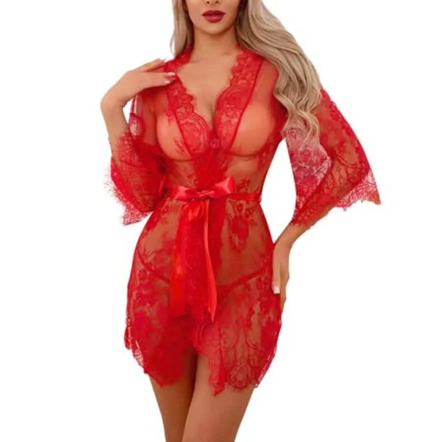 Women Exotic Mini Lace Kimono Robe Sheer Mesh Nightie with Satin Belt Lingerie Cover Up Nightgown
Women Exotic Mini Lace Kimono Robe Sheer Mesh Nightie with Satin Belt Lingerie Cover Up Nightgown