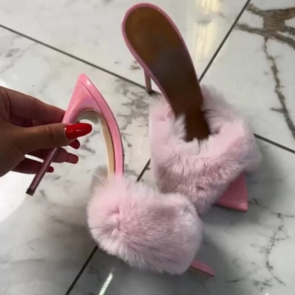 Arden Furtado Summer Pink fur Peep toe Slippers Pointed toe pull-on Super high heel Sexy Word slippers Catwalk shoes
Arden Furtado Summer Pink fur Peep toe Slippers Pointed toe pull-on Super high heel Sexy Word slippers Catwalk shoes
