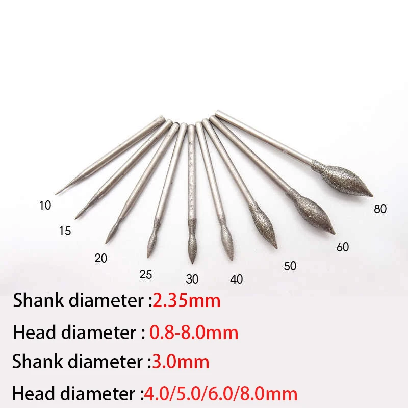 0.8~8mm J Needle Diamond Grinding Head 2.35/3mm Shank Polishing Needle Bits Burrs Metal Stone Jade Engraving Carving Tools
0.8~8mm J Needle Diamond Grinding Head 2.35/3mm Shank Polishing Needle Bits Burrs Metal Stone Jade Engraving Carving Tools