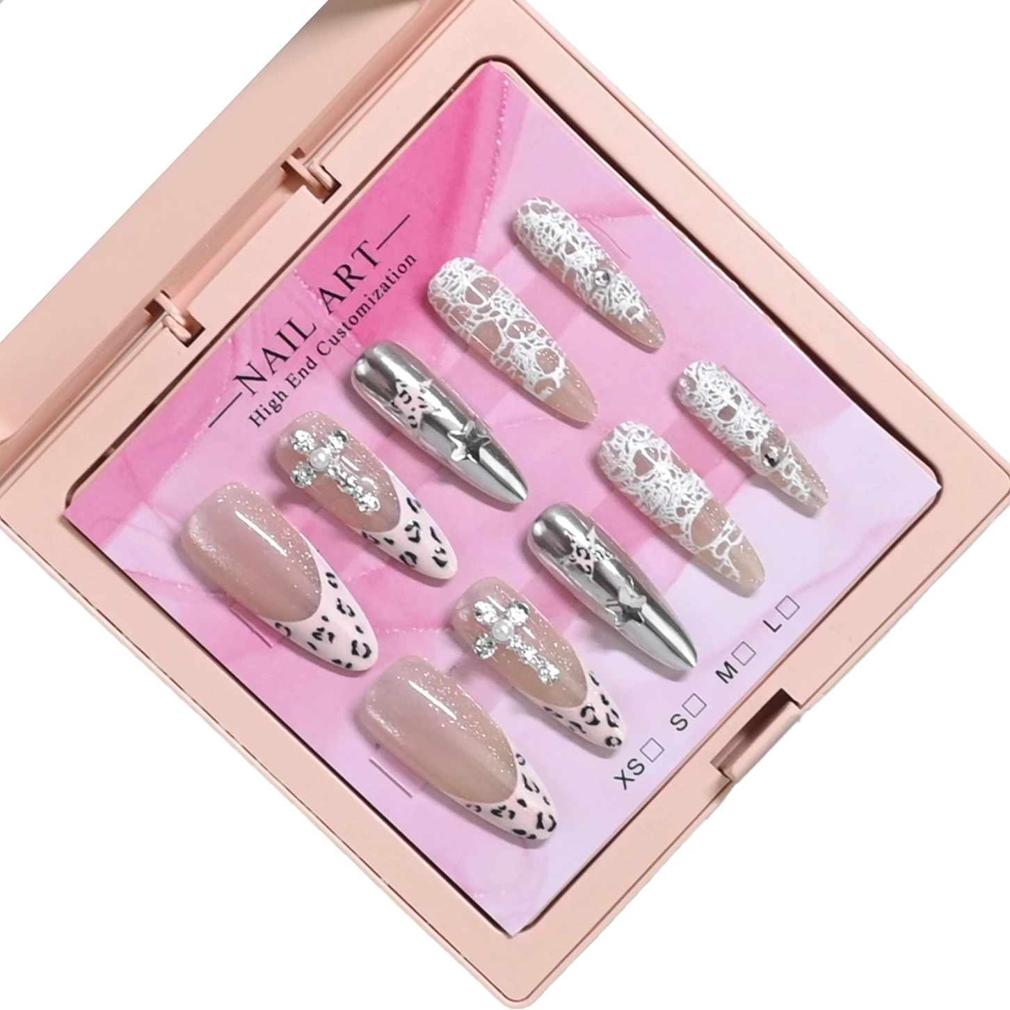 10 handmade almond nails in mirror pink case. Nude glitter & leopard print with silver chrome, cross rhinestones & lace. Reusabl
10 handmade almond nails in mirror pink case. Nude glitter & leopard print with silver chrome, cross rhinestones & lace. Reusabl