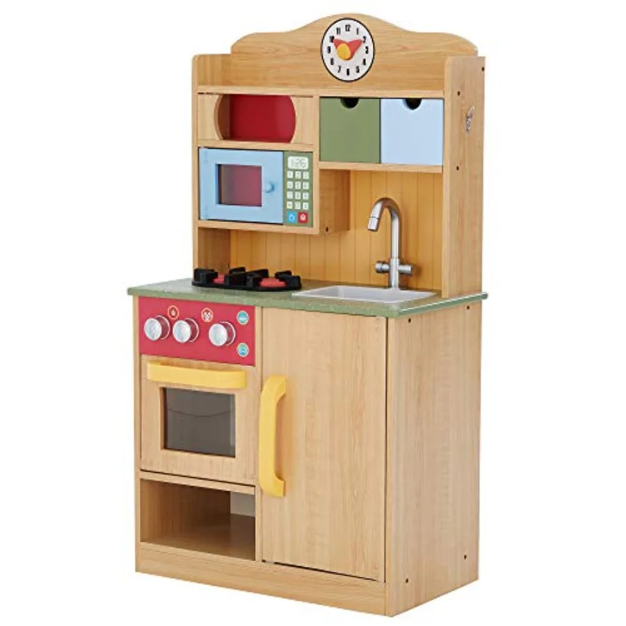 Interactive wooden play kitchen for kids' pretend cooking, wood grain with red and yellow accents, includes accessories and sto
Interactive wooden play kitchen for kids' pretend cooking, wood grain with red and yellow accents, includes accessories and sto