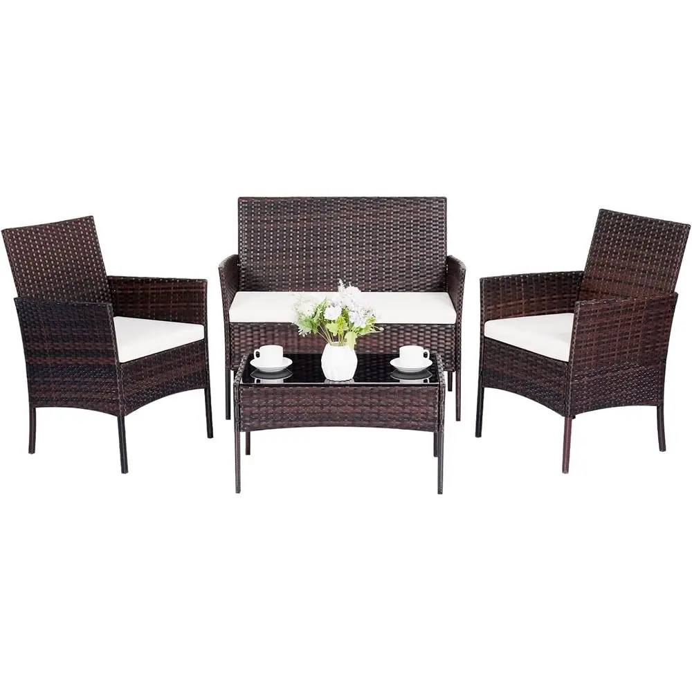4-Piece Outdoor Rattan Furniture Set with Tempered Glass Coffee Table, Brown/Beige Wicker Patio Chairs for Garden, Terrace, Porc
4-Piece Outdoor Rattan Furniture Set with Tempered Glass Coffee Table, Brown/Beige Wicker Patio Chairs for Garden, Terrace, Porc