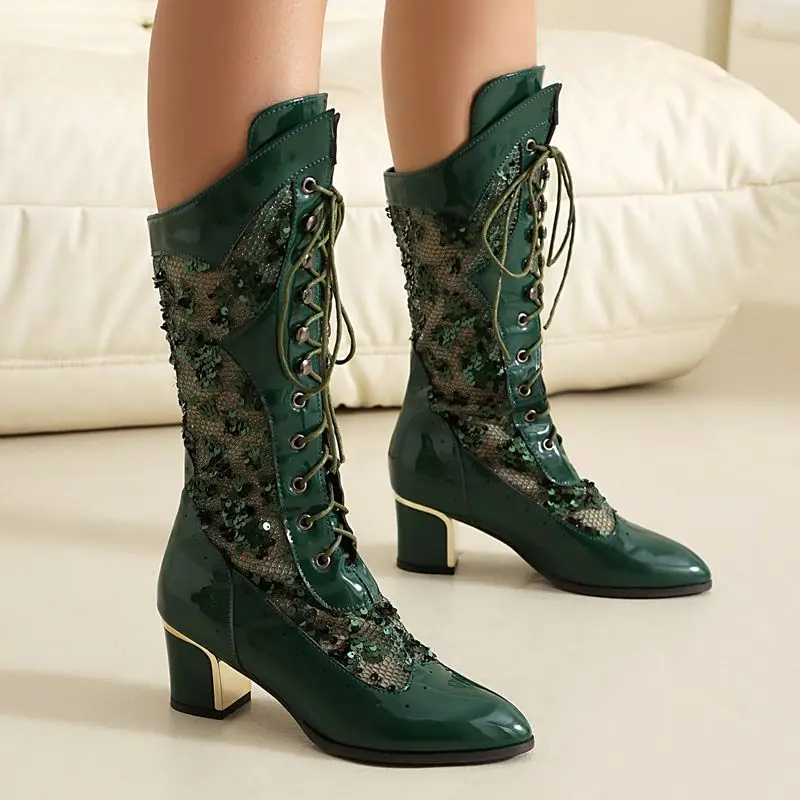 ASILETO Fashion Bling Female Boots Pointed Toe Block Heels 5.5cm Lace Up Breathable Mesh Plus Size 42 43 Party Sexy Shiny Bota
ASILETO Fashion Bling Female Boots Pointed Toe Block Heels 5.5cm Lace Up Breathable Mesh Plus Size 42 43 Party Sexy Shiny Bota