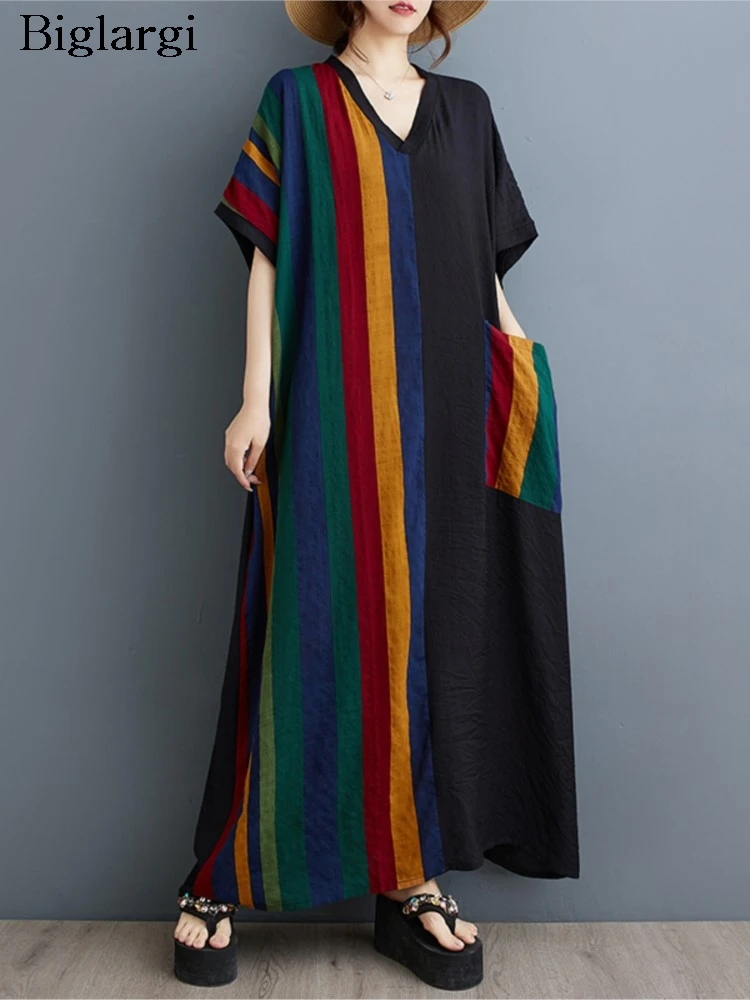 Oversized Summer Striped Print Patchwork V-Neck Dress Women Loose Ruffle Pleated Fashion Ladies Dresses Casual Woman Long Dress
Oversized Summer Striped Print Patchwork V-Neck Dress Women Loose Ruffle Pleated Fashion Ladies Dresses Casual Woman Long Dress
