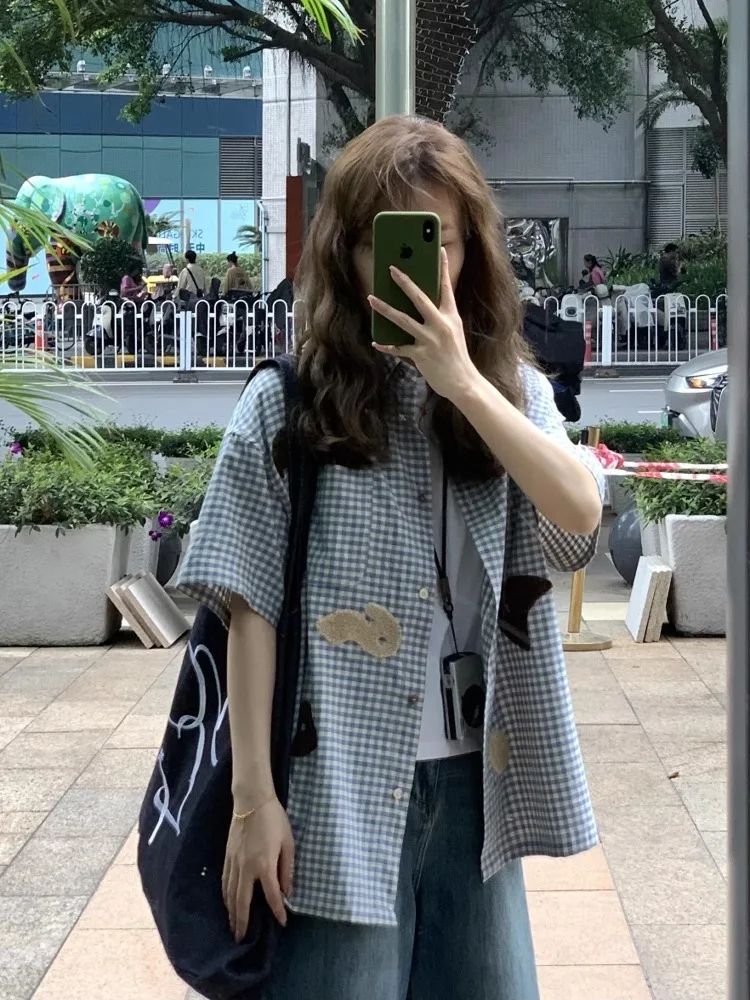Retro Japanese Plaid ort Sve irt Women's Summer New Sle Towel Embroidery Lapel Loose Casual Versatile Blouse Top
Retro Japanese Plaid ort Sve irt Women's Summer New Sle Towel Embroidery Lapel Loose Casual Versatile Blouse Top