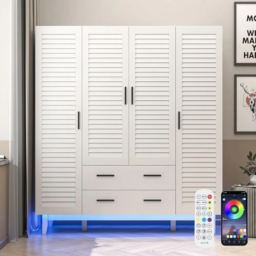 4 Door Armoire Wardrobe Closet Cabinet with Drawers and LED Lights, Multi-Tier Shelves, Hanging Rod & 4 Louver Doors
4 Door Armoire Wardrobe Closet Cabinet with Drawers and LED Lights, Multi-Tier Shelves, Hanging Rod & 4 Louver Doors