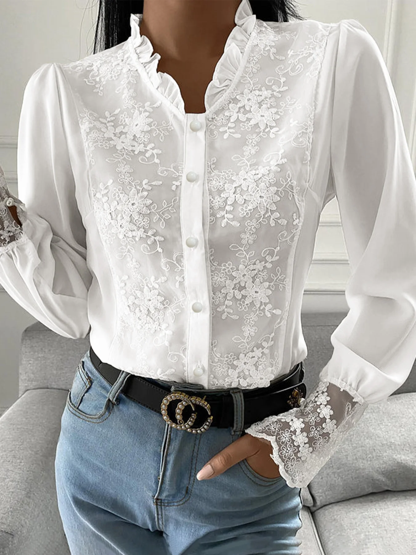 Women Ruffle V Neck Lace Patchwork Blouse Puff Long Sleeve Pearl Button Front Elegant Chiffon Shirts Casual Office Blouse
Women Ruffle V Neck Lace Patchwork Blouse Puff Long Sleeve Pearl Button Front Elegant Chiffon Shirts Casual Office Blouse 
