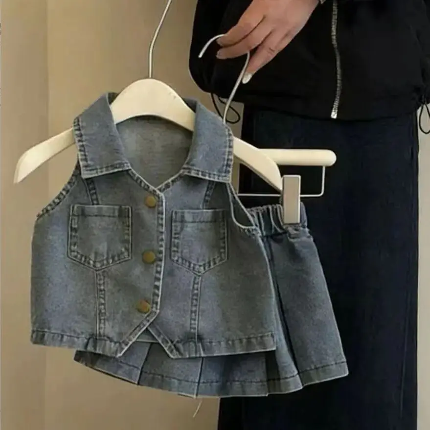 Girls' Summer 2026 Denim Suit Korean Version Children's Lapel Vest Pleated Half Skirt 2-Piece Set New Style
Girls' Summer 2026 Denim Suit Korean Version Children's Lapel Vest Pleated Half Skirt 2-Piece Set New Style