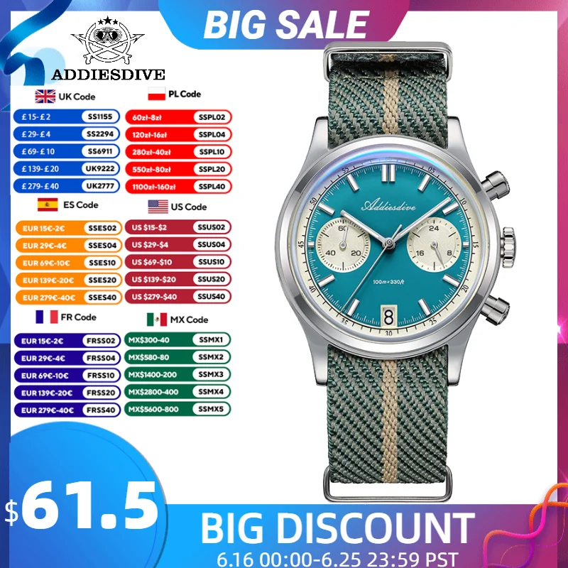 ADDIESDIVE 38mm Chronograph Watch New 100m Waterproof Luminous Calendar Stainless Steel Dive Luxury Japan VK64 Quartz Watch Men
ADDIESDIVE 38mm Chronograph Watch New 100m Waterproof Luminous Calendar Stainless Steel Dive Luxury Japan VK64 Quartz Watch Men