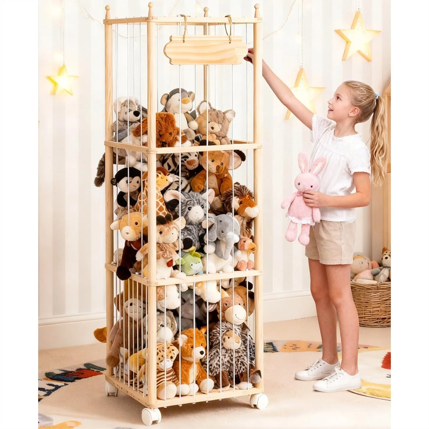 Wooden Stuffed Animal Storage Organizer with Elastic Straps and Locking Wheels for Kids Room
Wooden Stuffed Animal Storage Organizer with Elastic Straps and Locking Wheels for Kids Room