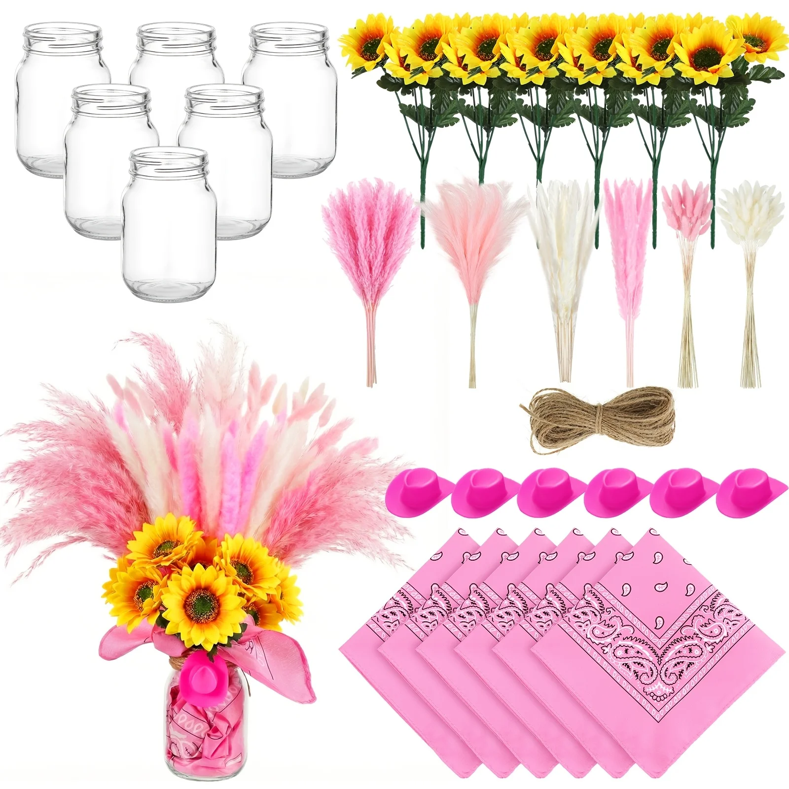 135pcs Western Cowboy Cowgirl Table Centerpieces with Mason Jar Bandannas, Mini Hats & Sunflowers Pampas Grass Decor - Pink Suitable for Shower Wedding Birthday Party Decorations, Rodeo Table Settings for Cowgirl Themed Events
135pcs Western Cowboy Cowgirl Table Centerpieces with Mason Jar Bandannas, Mini Hats & Sunflowers Pampas Grass Decor - Pink Suitable for Shower Wedding Birthday Party Decorations, Rodeo Table Settings for Cowgirl Themed Events