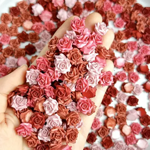 50 pçs 3d simulado resina seca rosa encantos de unhas criativo cor sólida luminosa rosa flores decorações da arte do prego para diy manicure