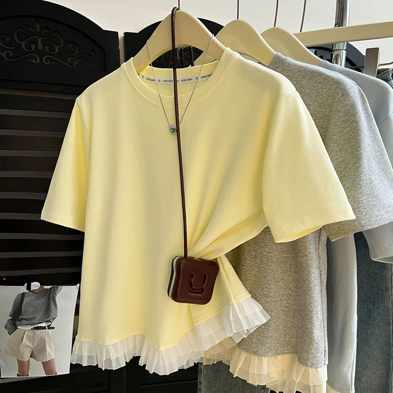 Korean Style Women Plus Size Short Sleeve Tee Summer Loose Mesh Ruffle Splice Hem Crew Neck Slimming Hide Flaw Casual T Shirt
Korean Style Women Plus Size Short Sleeve Tee Summer Loose Mesh Ruffle Splice Hem Crew Neck Slimming Hide Flaw Casual T Shirt
